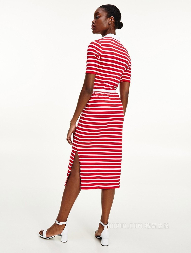 Tommy 春夏女装休闲通勤条纹系带收腰翻领针织连衣裙WW0WW30370