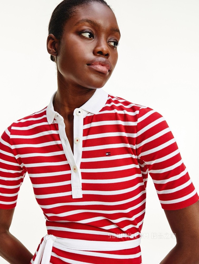 Tommy 春夏女装休闲通勤条纹系带收腰翻领针织连衣裙WW0WW30370