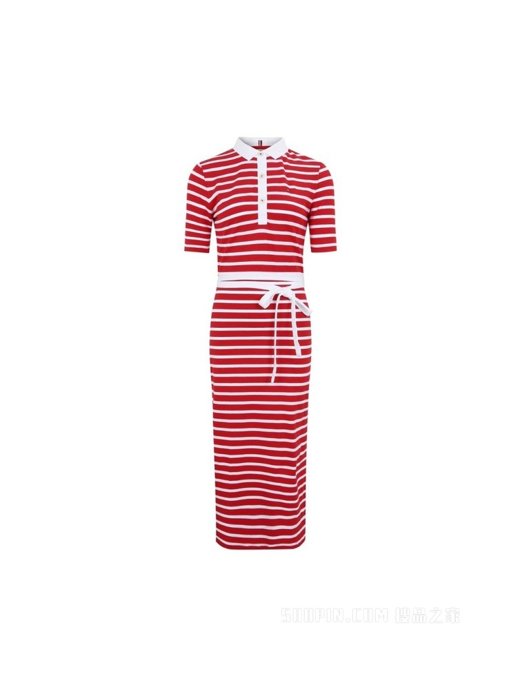 Tommy 春夏女装休闲通勤条纹系带收腰翻领针织连衣裙WW0WW30370