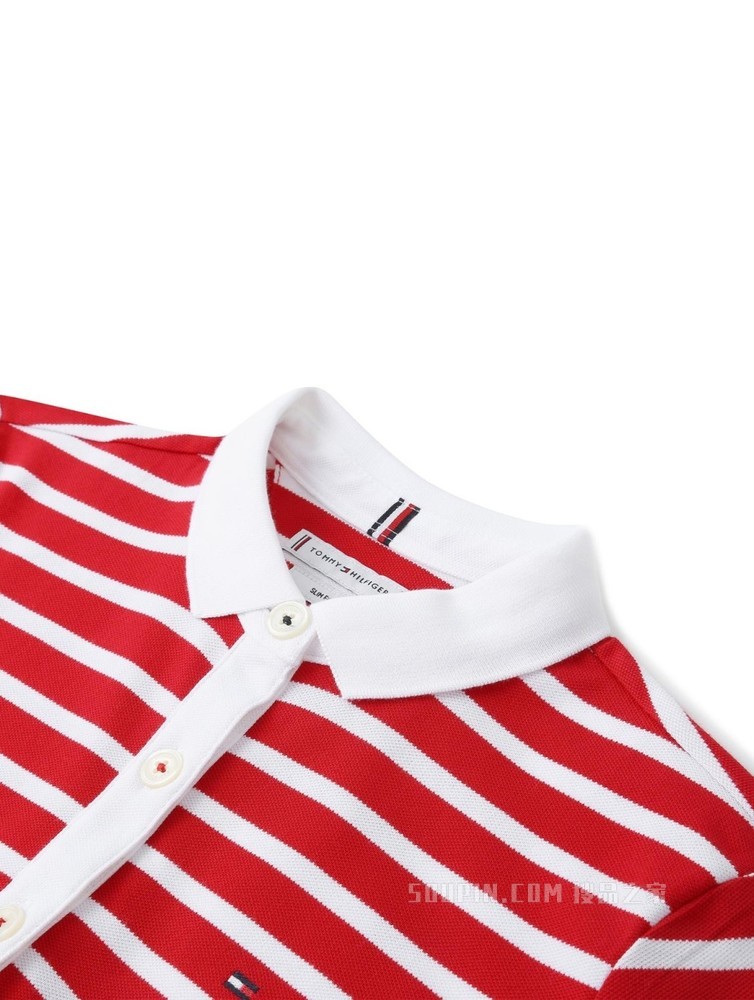 Tommy 春夏女装休闲通勤条纹系带收腰翻领针织连衣裙WW0WW30370