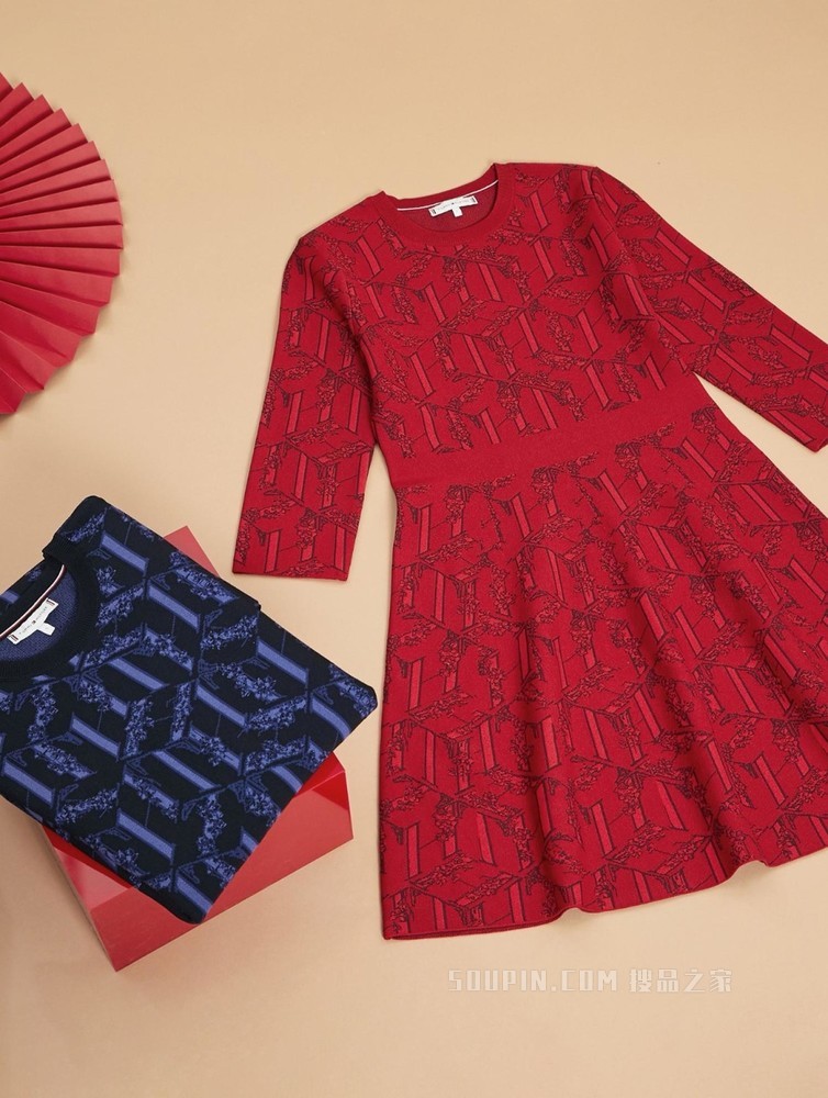 Tommy【新春系列】22新款虎年女装红刺绣修身收腰针织连衣裙33096