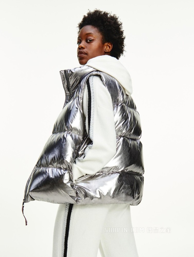 Tommy 22新款春季女装灰鸭绒亮面立领绣标防泼水羽绒背心33073