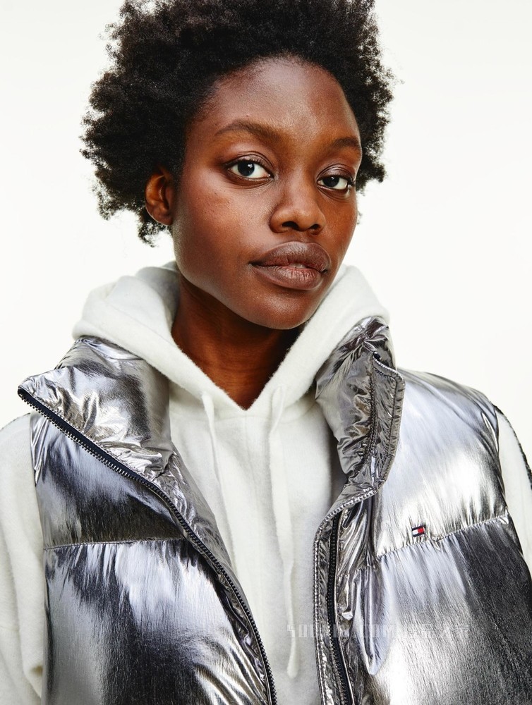 Tommy 22新款春季女装灰鸭绒亮面立领绣标防泼水羽绒背心33073