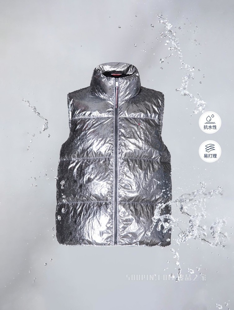 Tommy 22新款春季女装灰鸭绒亮面立领绣标防泼水羽绒背心33073