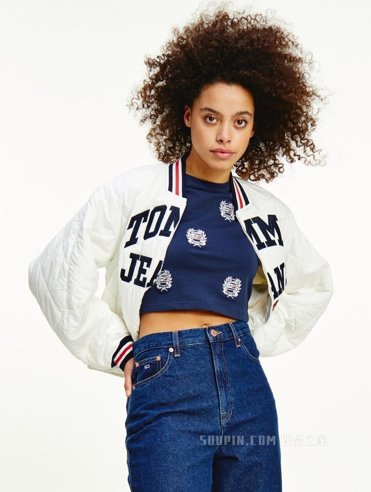 Tommy 22新款春季女装菱格纹刺绣LOGO短款铺棉棒球服外套11844