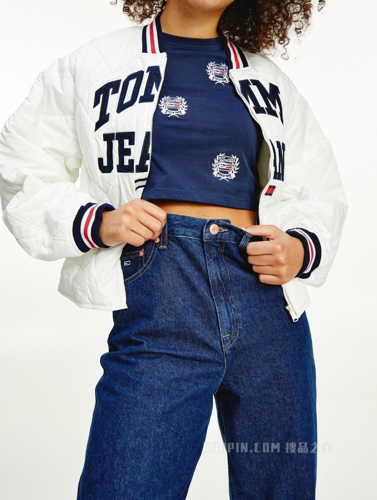 Tommy 22新款春季女装菱格纹刺绣LOGO短款铺棉棒球服外套11844