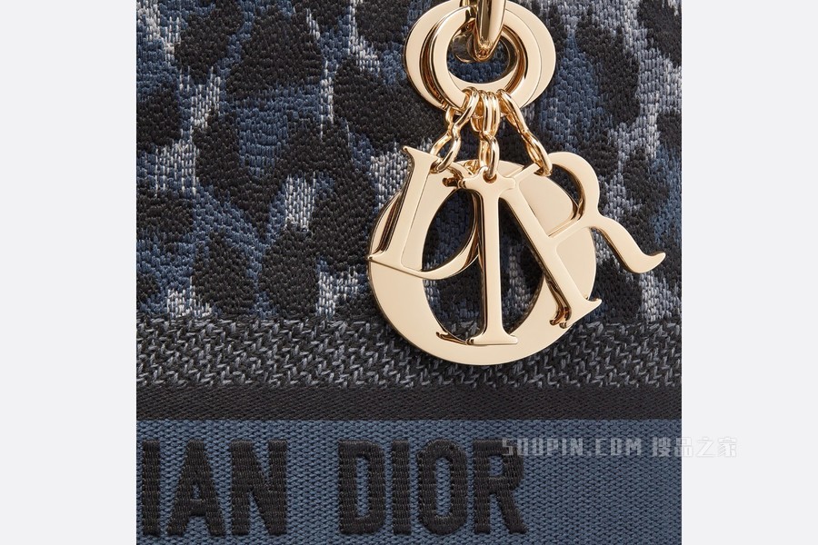 中号 Lady D-Lite 手袋 蓝色和黑色 Mizza 图案刺绣