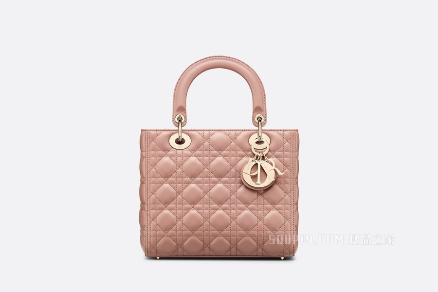 中号 Lady Dior 手袋 绯红色羊皮革藤格纹