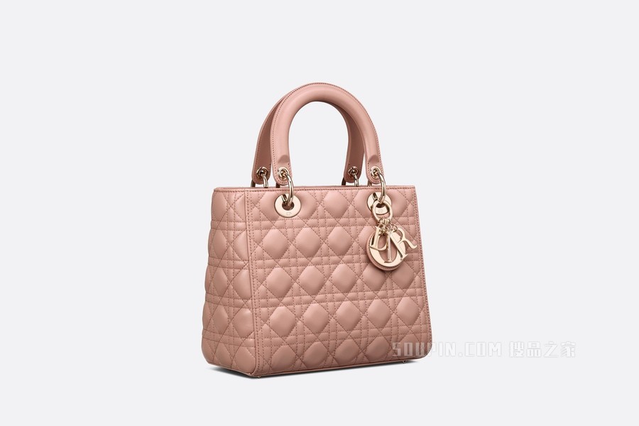 中号 Lady Dior 手袋 绯红色羊皮革藤格纹