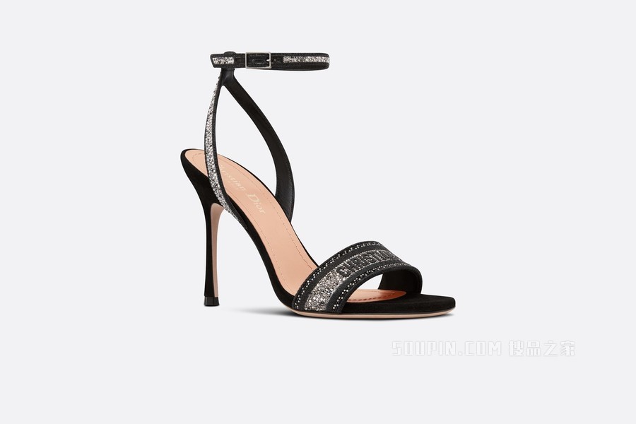 Dway 高跟凉鞋 黑色棉质刺绣和银色调仿水晶