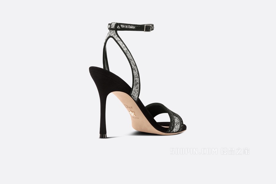 Dway 高跟凉鞋 黑色棉质刺绣和银色调仿水晶