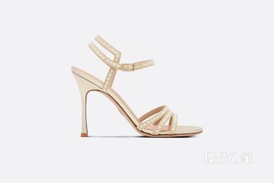Dior Gem 带跟凉鞋 金色棉质金属光泽线刺绣, 白色珠饰和仿水晶