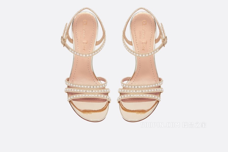 Dior Gem 带跟凉鞋 金色棉质金属光泽线刺绣, 白色珠饰和仿水晶