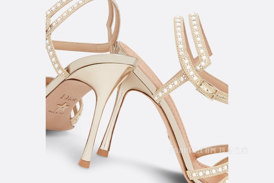 Dior Gem 带跟凉鞋 金色棉质金属光泽线刺绣, 白色珠饰和仿水晶