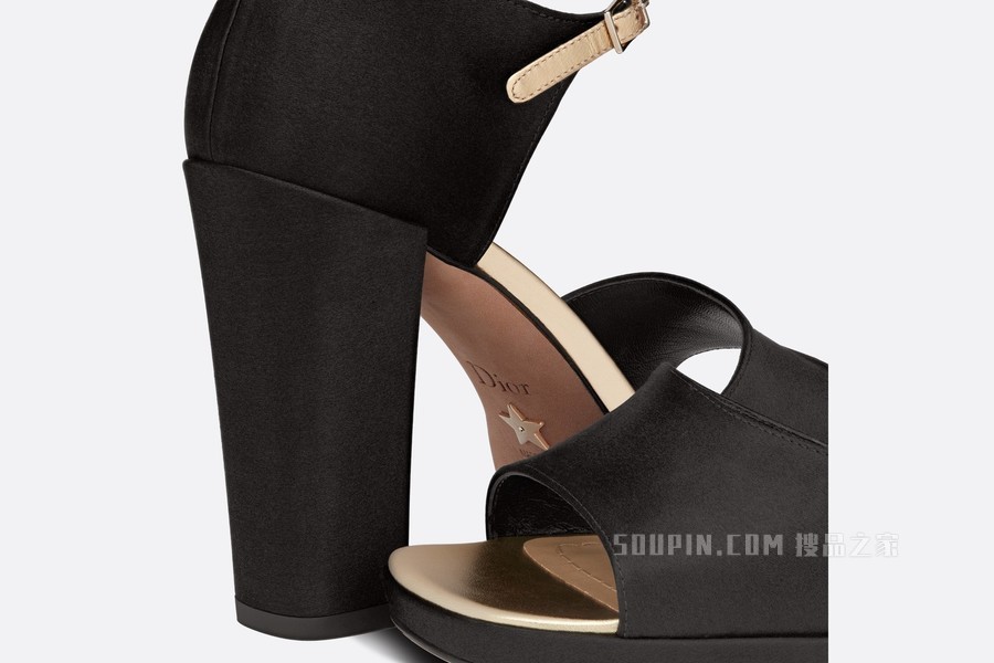 Dior Illusion 带跟凉鞋 黑色缎面和金色层压羊皮革