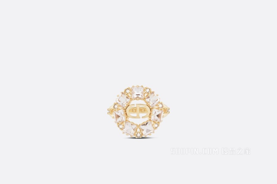 Petit CD 戒指 金色饰面金属、白色和银色调仿水晶装饰