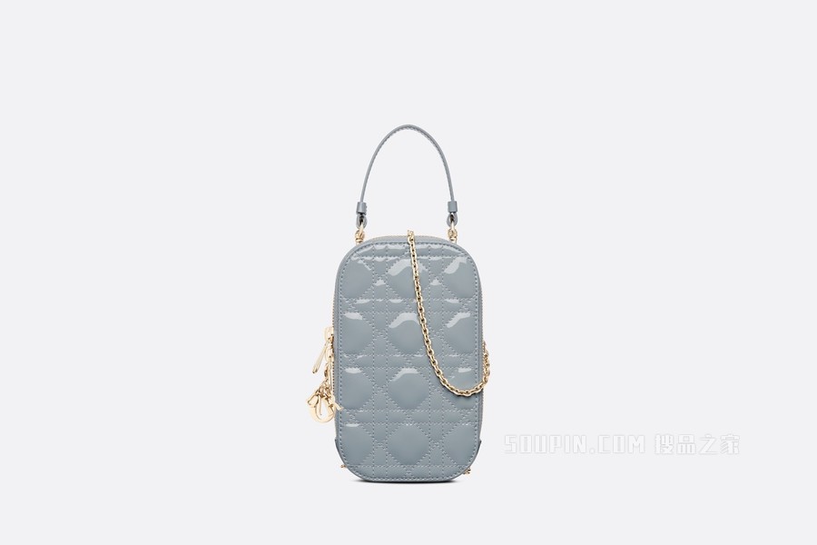Lady Dior 手机袋 云雾蓝漆皮牛皮革藤格纹