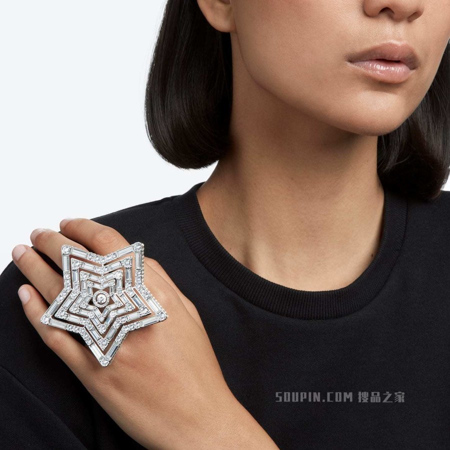Stella 戒指, 星星, 大码, 白色, 镀铑
