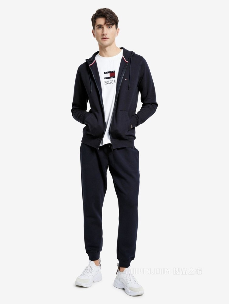Tommy 男装时尚简约净色平纹针织休闲连帽开襟卫衣MW0MW20243