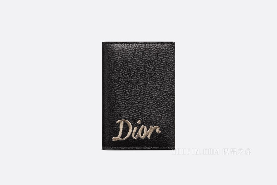 双折卡夹 黑色粒面牛皮革“Dior”丝带状标志