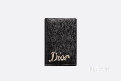 双折卡夹 黑色粒面牛皮革“Dior”丝带状标志