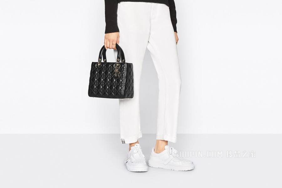 中号 Lady Dior 手袋 自然色羊皮革藤格纹