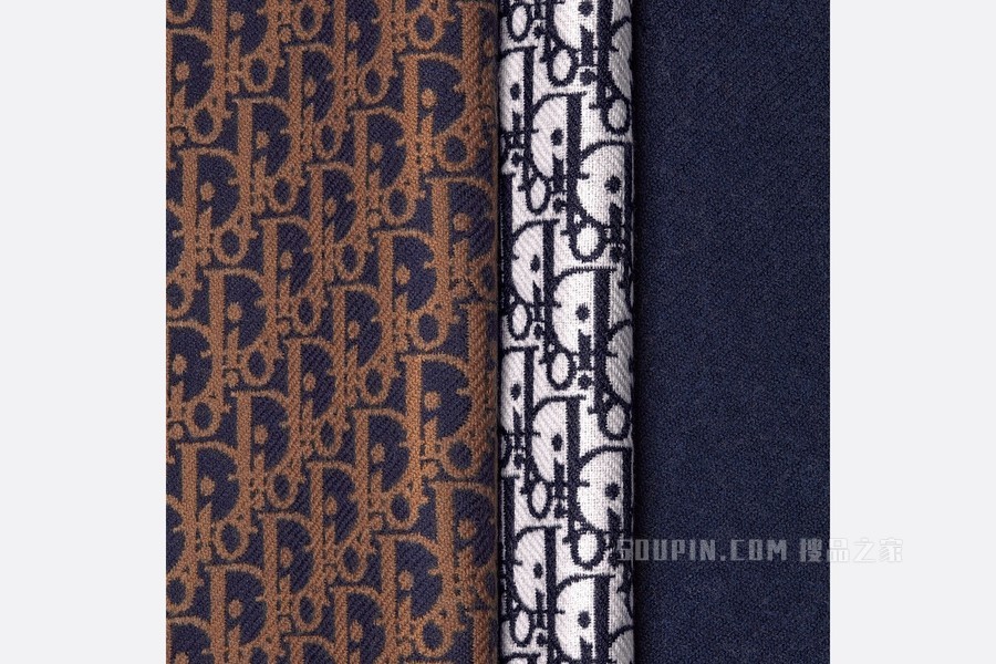 Dior 印花围巾 海军蓝色和咖啡棕色羊毛面料 Oblique 印花