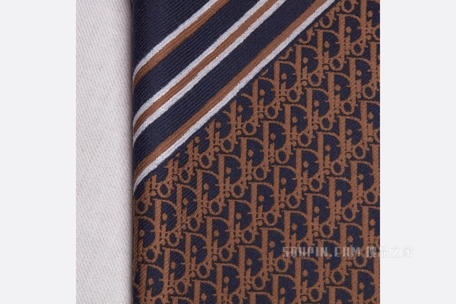 Dior 印花围巾 海军蓝色和咖啡棕色羊毛面料 Oblique 印花