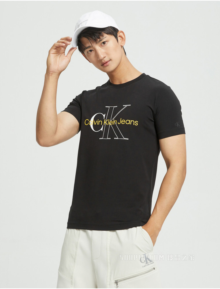 Calvin Klein 男士圆领简约叠印LOGO短袖T恤J320568