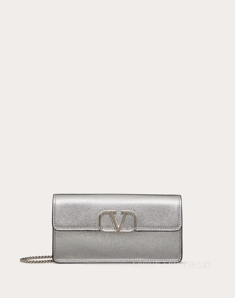 VLogo Signature 金属质感粒面小牛皮链式钱包