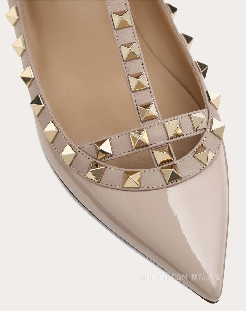 Rockstud 环绕式踝带漆皮铆钉芭蕾平底鞋（鞋跟高 0.5 厘米）
