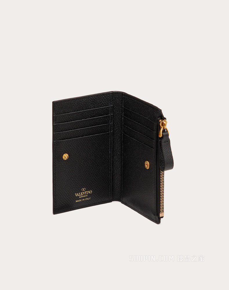 VLogo Signature 粒面小牛皮拉链式卡夹