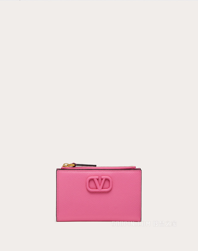 VLogo Signature 粒面小牛皮拉链式卡夹