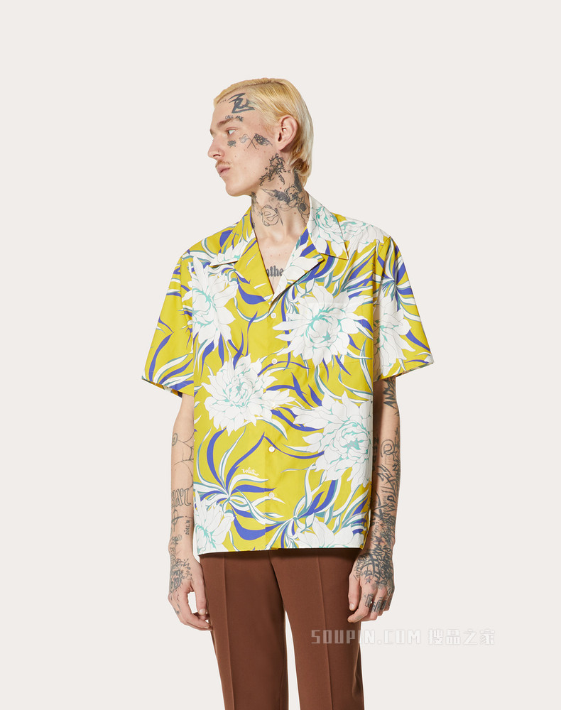 牡丹印花棉质府绸保龄球衬衫