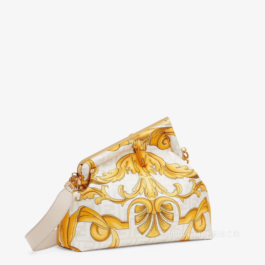 Fendi First中号手袋 Fendace白色印花桑蚕丝手袋