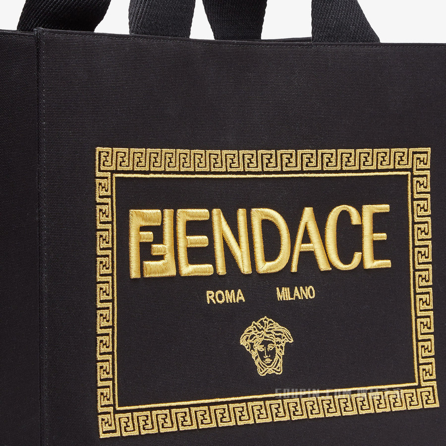 小号购物袋 刺绣黑色帆布Fendace徽标手提袋