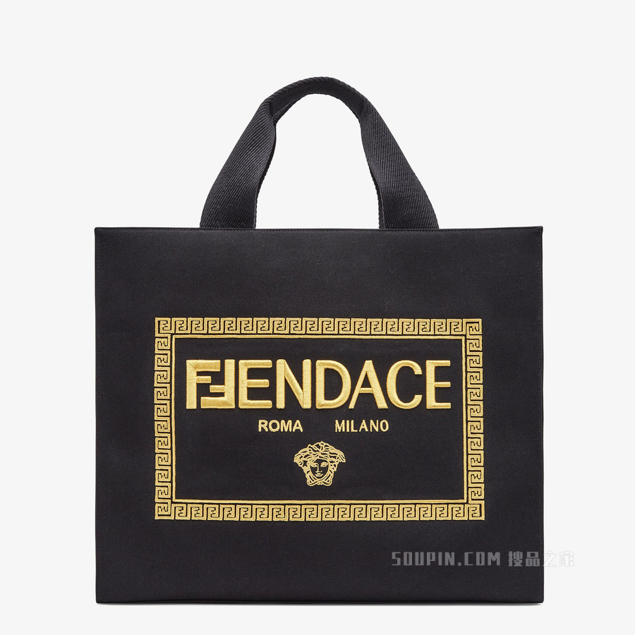 手提袋 刺绣黑色帆布Fendace徽标手袋