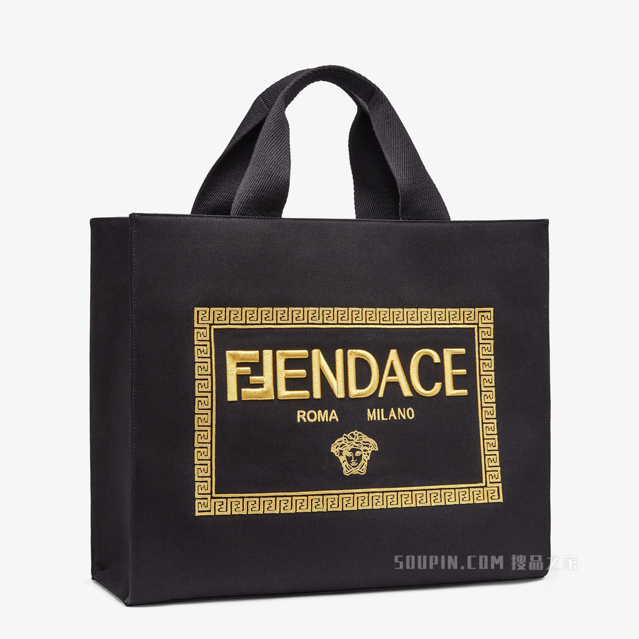手提袋 刺绣黑色帆布Fendace徽标手袋