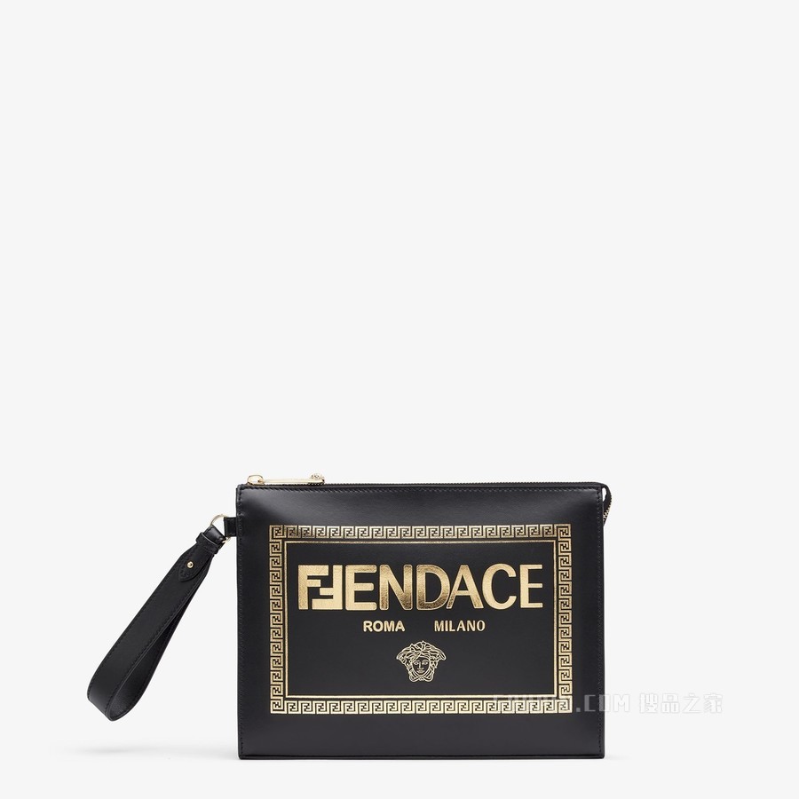 扁平手拿包 印花黑色皮革Fendace徽标手拿包