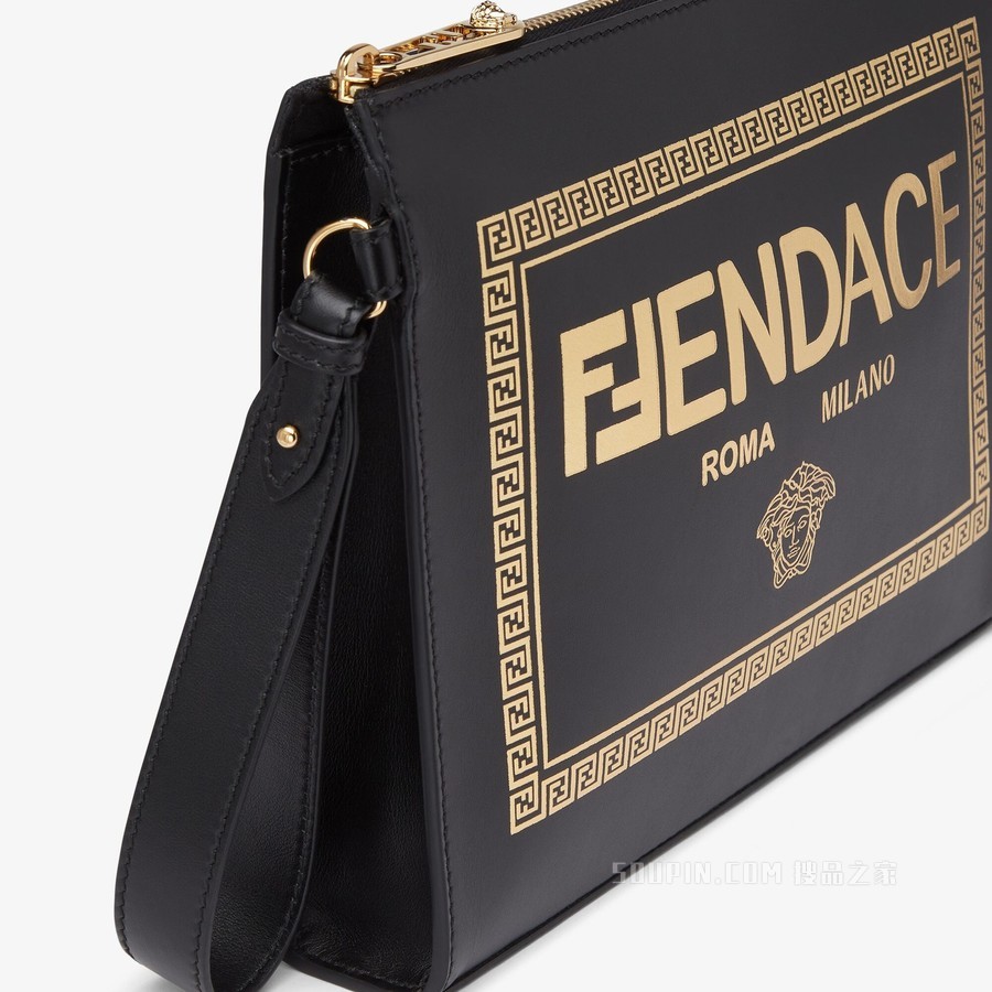 扁平手拿包 印花黑色皮革Fendace徽标手拿包