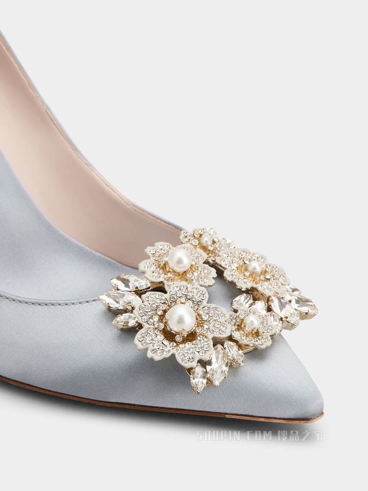RV Bouquet 珍珠钻扣丝缎高跟鞋 浅蓝色