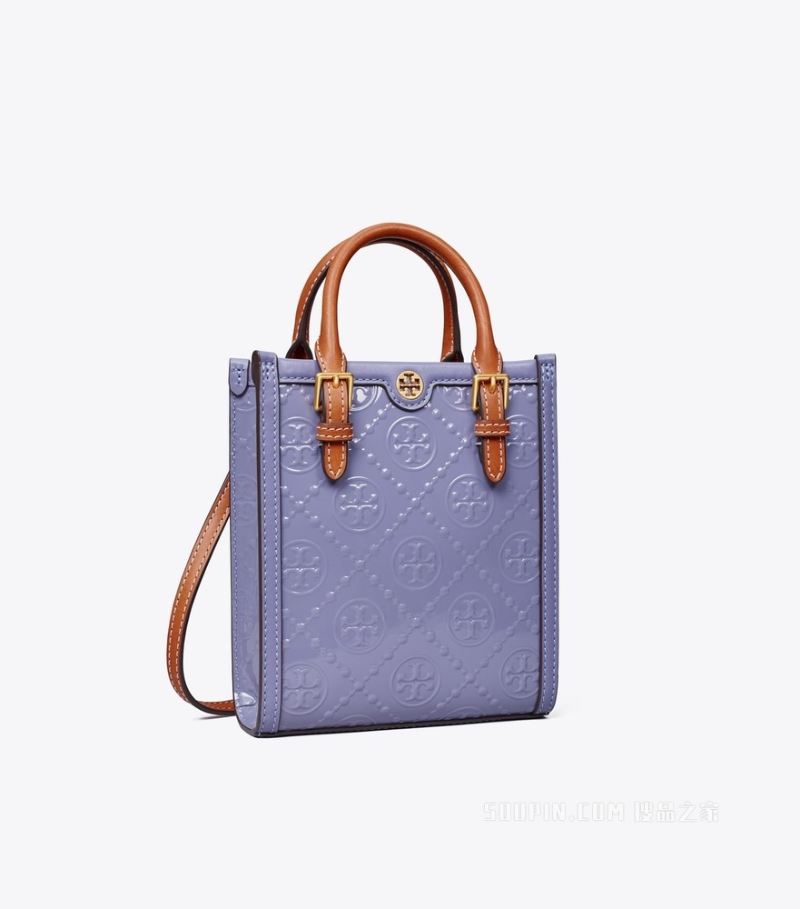 T Monogram 迷你压花漆皮托特包 深莲紫色