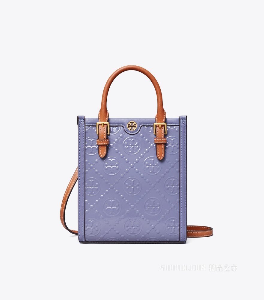 T Monogram 迷你压花漆皮托特包 深莲紫色