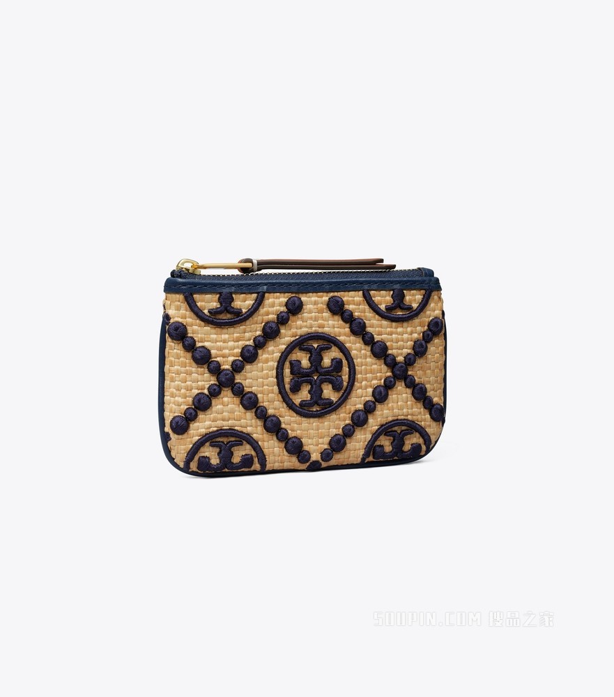 T Monogram 刺绣草编钥匙环卡包 皇家海军蓝