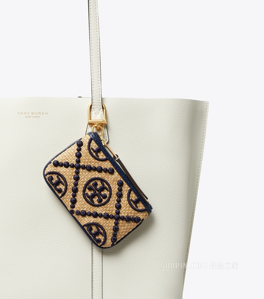 T Monogram 刺绣草编钥匙环卡包 皇家海军蓝