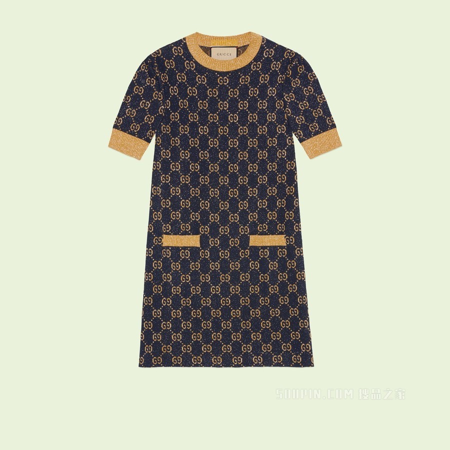 GG金银丝线提花连衣裙 蓝色和金色