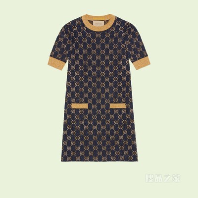 GG金银丝线提花连衣裙 蓝色和金色