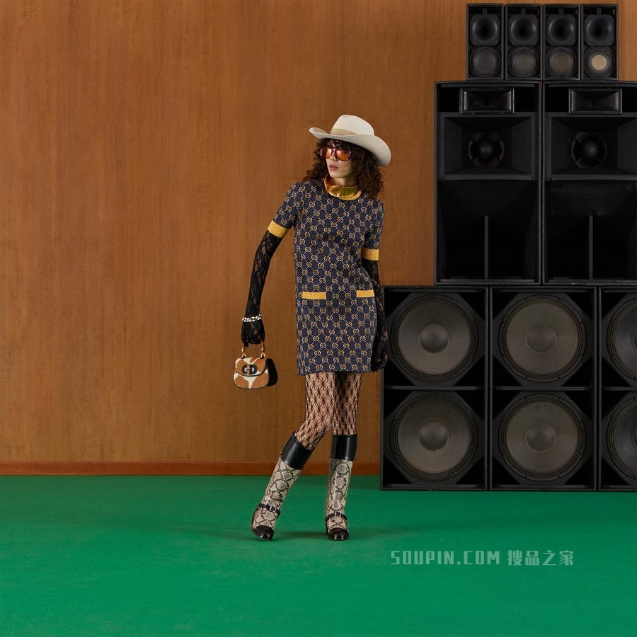 GG金银丝线提花连衣裙 蓝色和金色