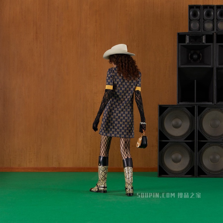 GG金银丝线提花连衣裙 蓝色和金色