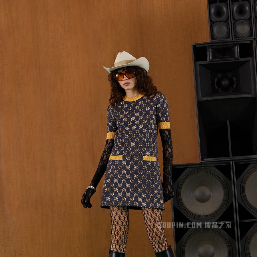 GG金银丝线提花连衣裙 蓝色和金色